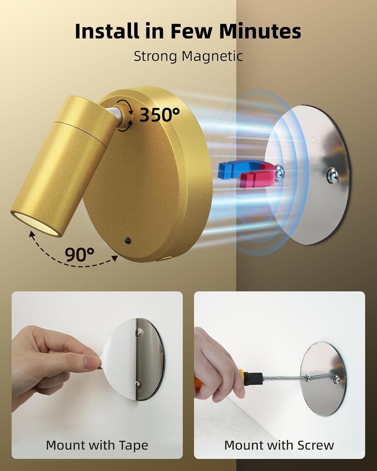 Wireless rechargeable picture light illuminating artwork on a wall, no cords visible