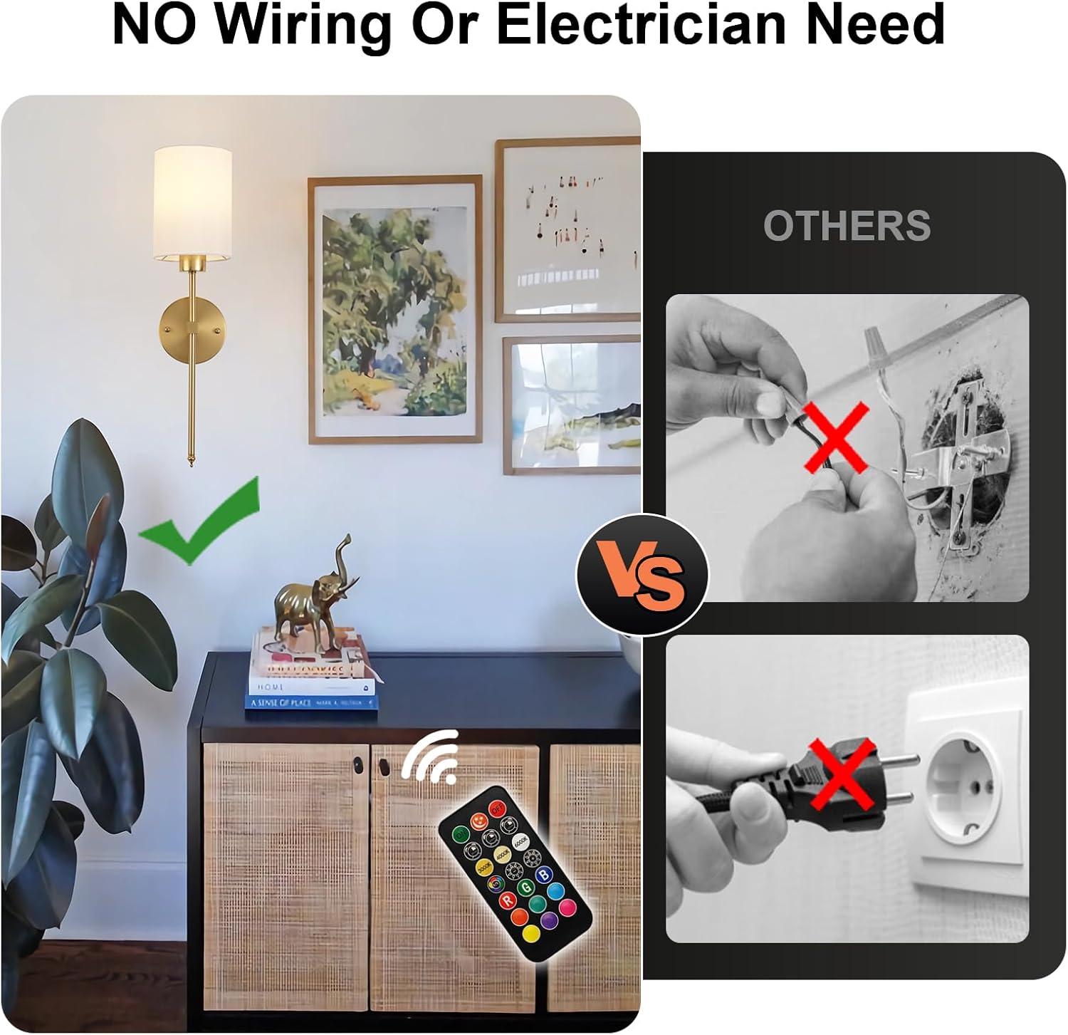Battery-operated wireless wall sconce with remote control for renters