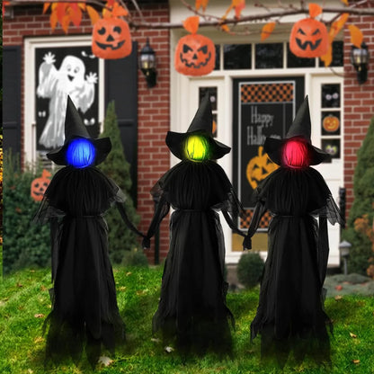 Life-size sound-activated screaming Halloween witches with glowing LED faces for yard display