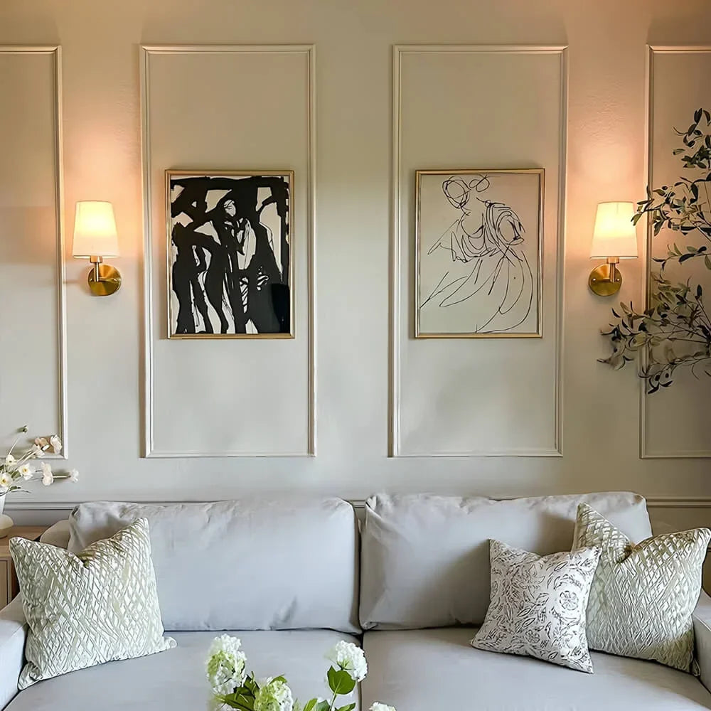 Cordless fabric wall sconce with metal accents for renters