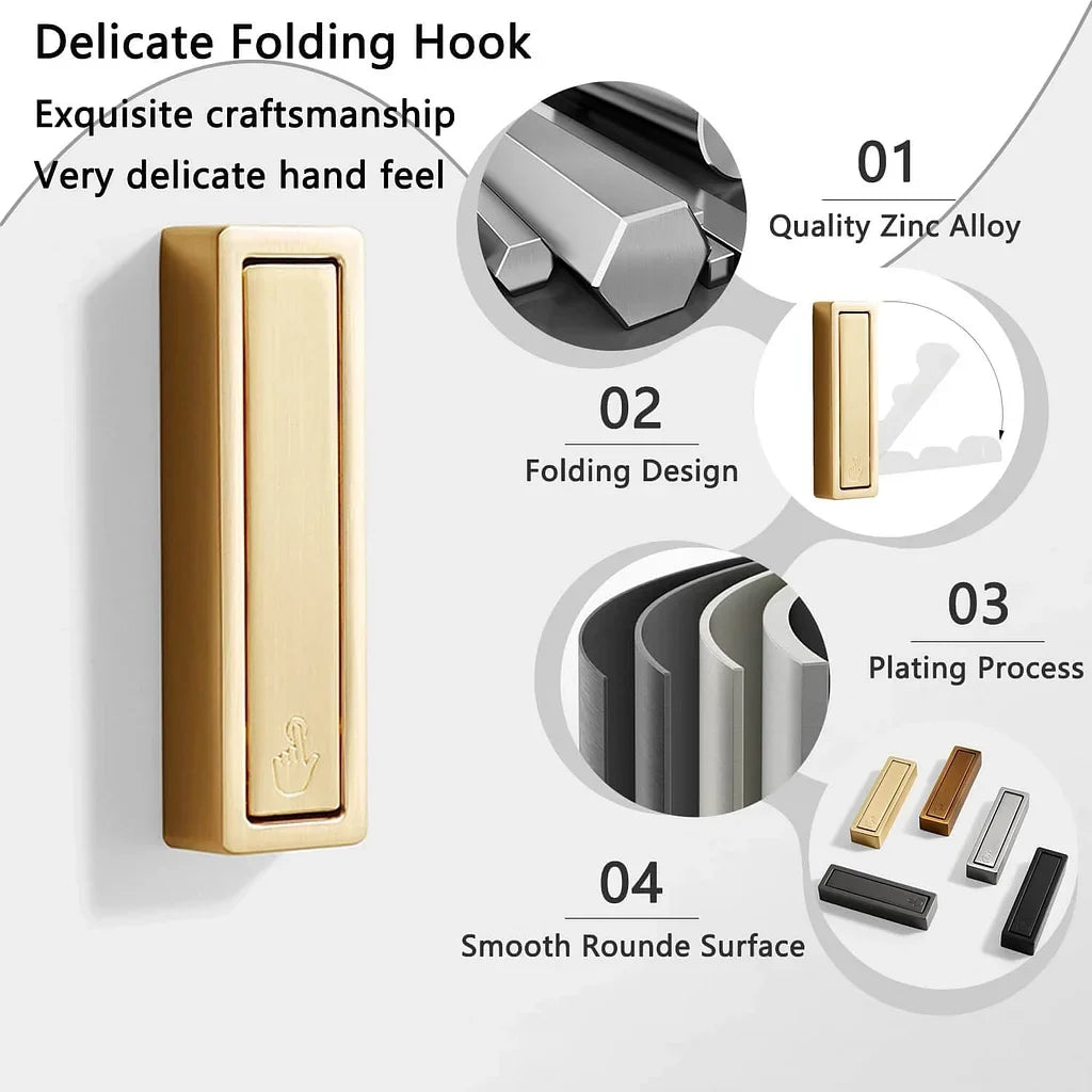 Folding coat hook folded flat against wall in small space
