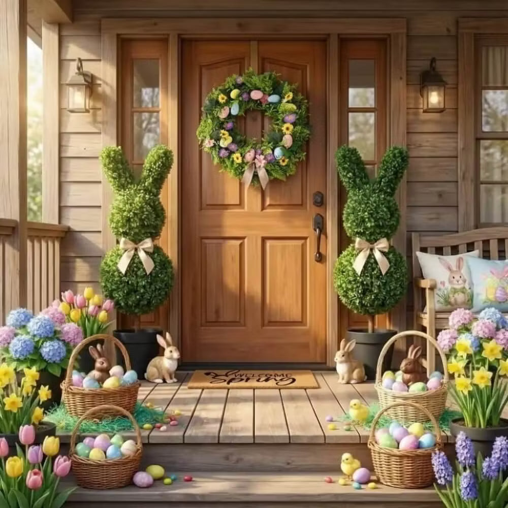 Set of two 36-inch artificial Easter bunny topiaries with green foliage and champagne bows on a porch