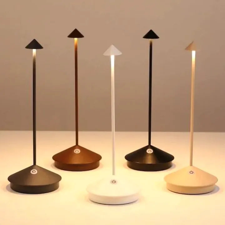 Cordless LED table lamp on a patio table for outdoor ambiance