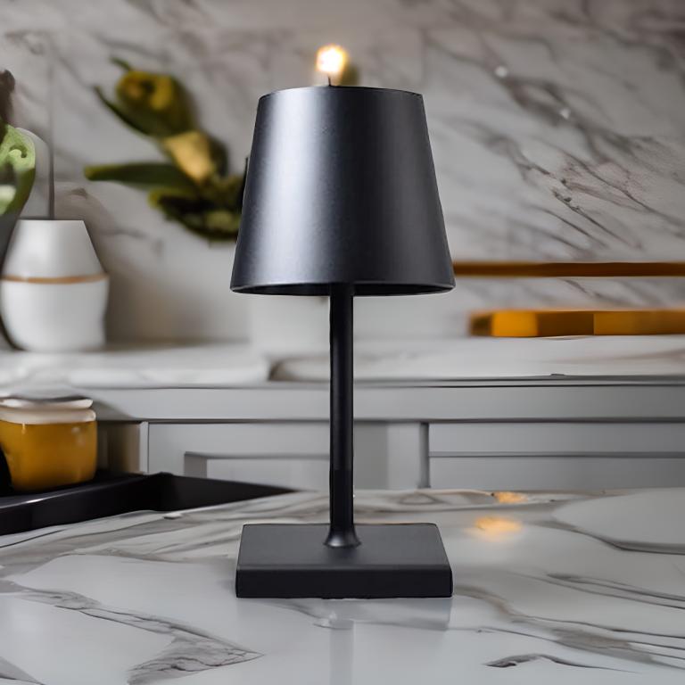 Cordless table lamp with aluminum body and touch controls, suitable for outdoor and bathroom use