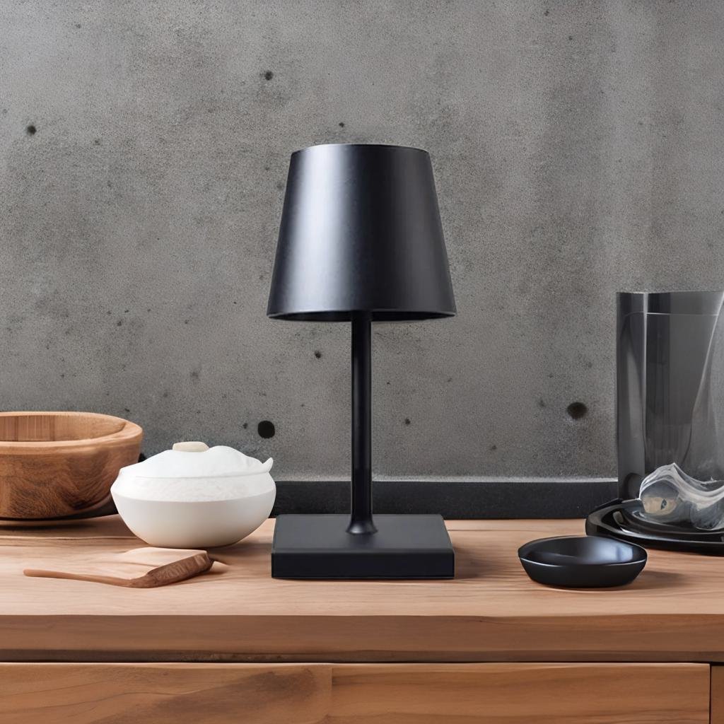 Cordless table lamp with aluminum body and touch controls, suitable for outdoor and bathroom use