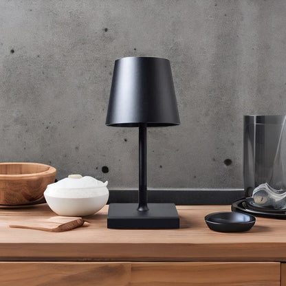 Cordless table lamp with aluminum body and touch controls, suitable for outdoor and bathroom use