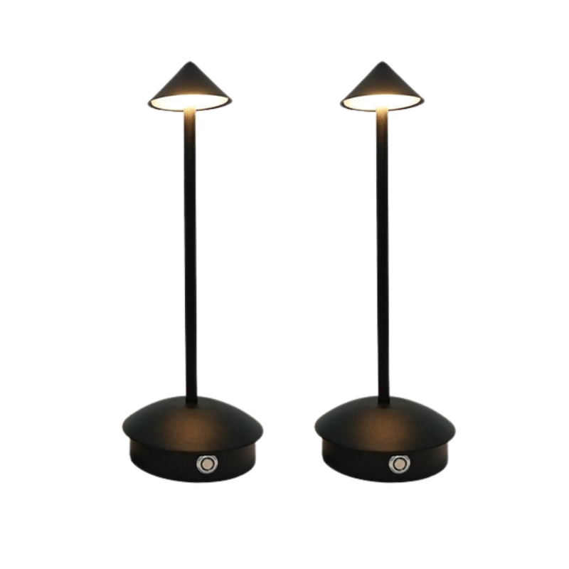 Cordless table lamp with warm ambient light on a patio, no cords