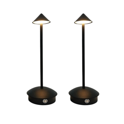 Cordless table lamp with warm ambient light on a patio, no cords