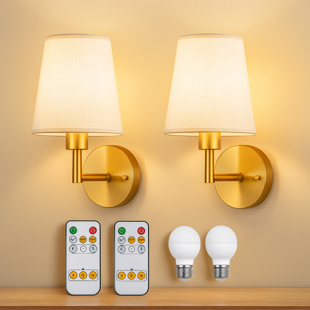 Wireless fabric wall sconce with remote control for renters