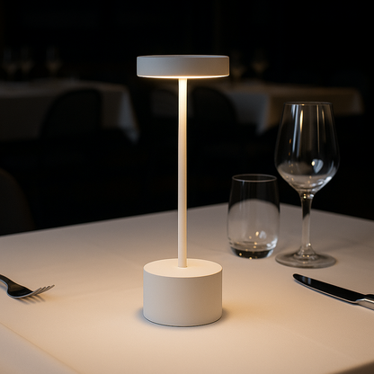 Cordless table lamp with warm light on an outdoor dining table