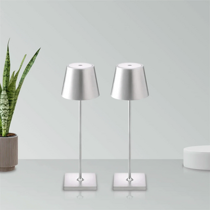 Cordless waterproof table lamp on an outdoor dining table for patio use