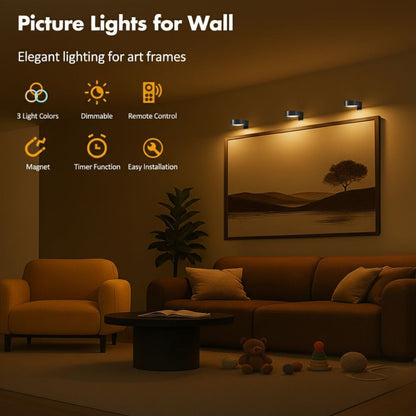 Wireless rechargeable picture light illuminating a framed photo on a wall