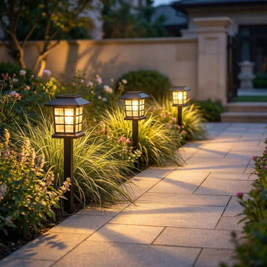 Solar pathway light on a garden walkway at dusk, no wiring needed