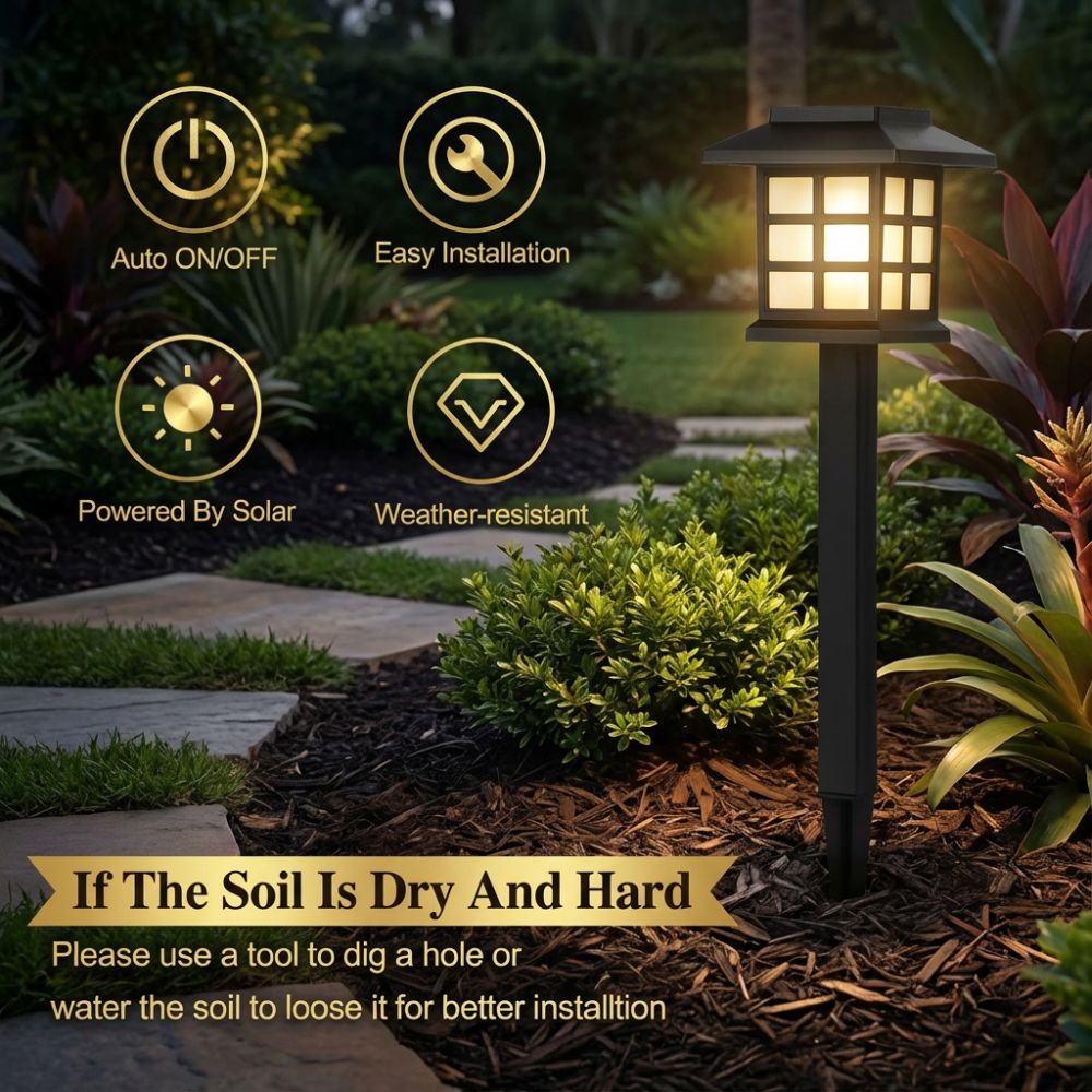 Solar pathway light on a garden walkway at dusk, no wiring needed