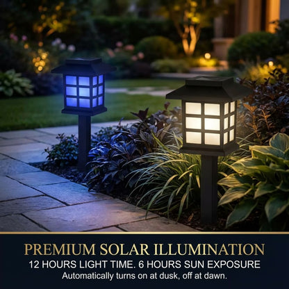 Solar pathway light on a garden walkway at dusk, no wiring needed