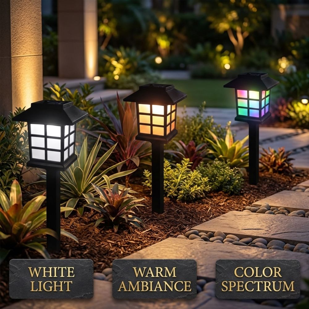 Solar pathway light on a garden walkway at dusk, no wiring needed