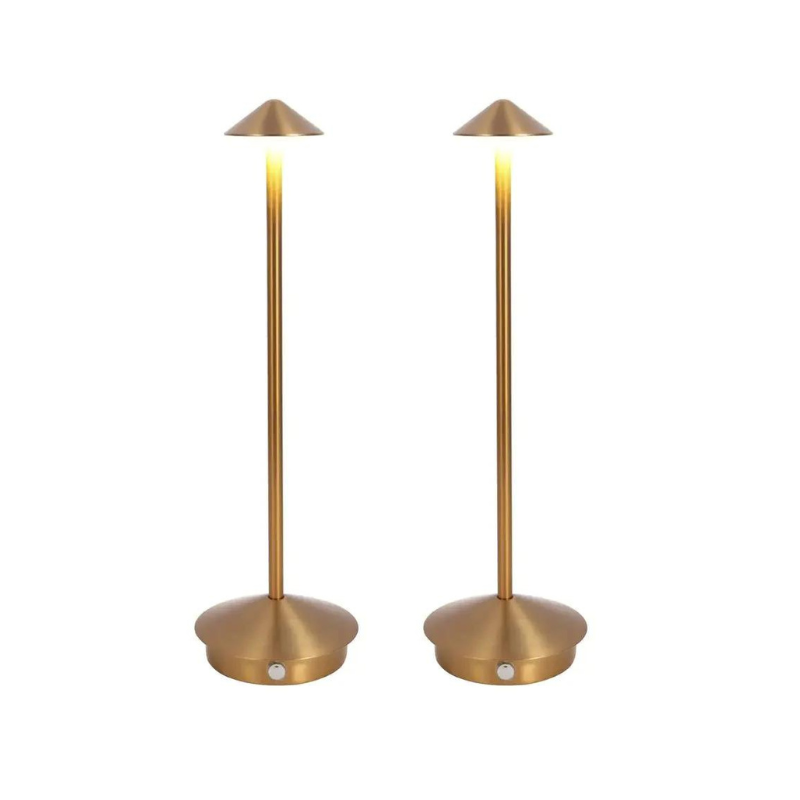 Cordless table lamp with warm ambient light on a patio, no cords