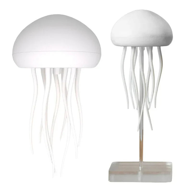 Cordless rechargeable table lamp with warm ambient glow on a shelf in an apartment