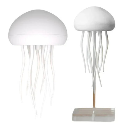 Cordless rechargeable table lamp with warm ambient glow on a shelf in an apartment