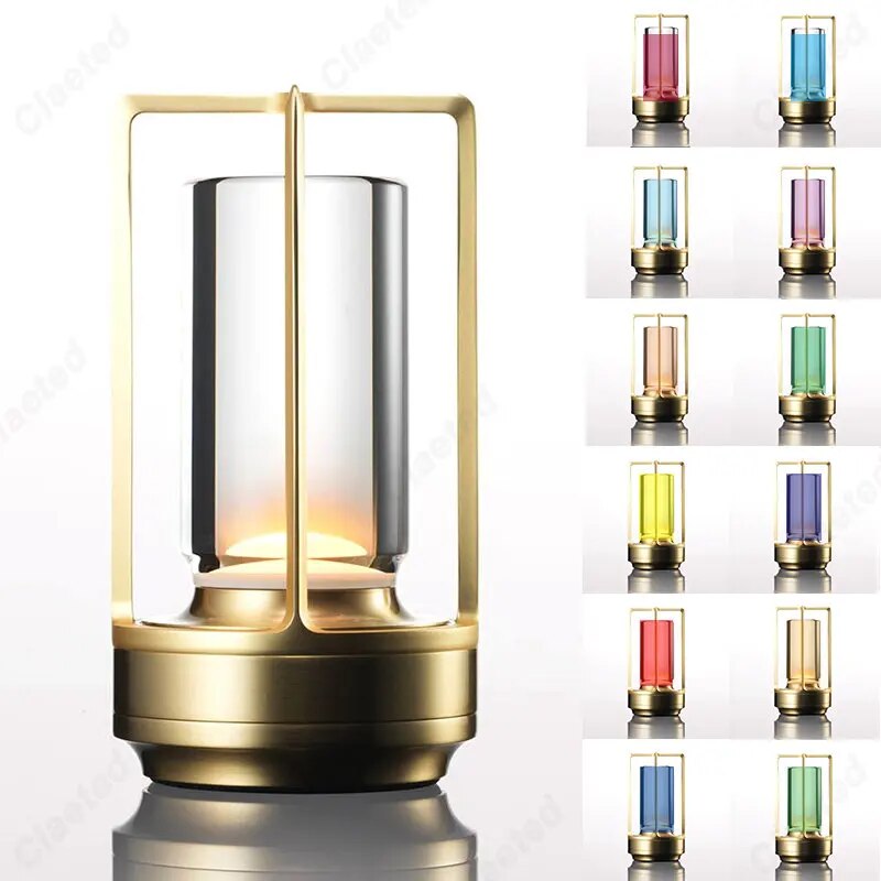 Cordless lantern lamp with adjustable brightness on a patio table for outdoor ambiance
