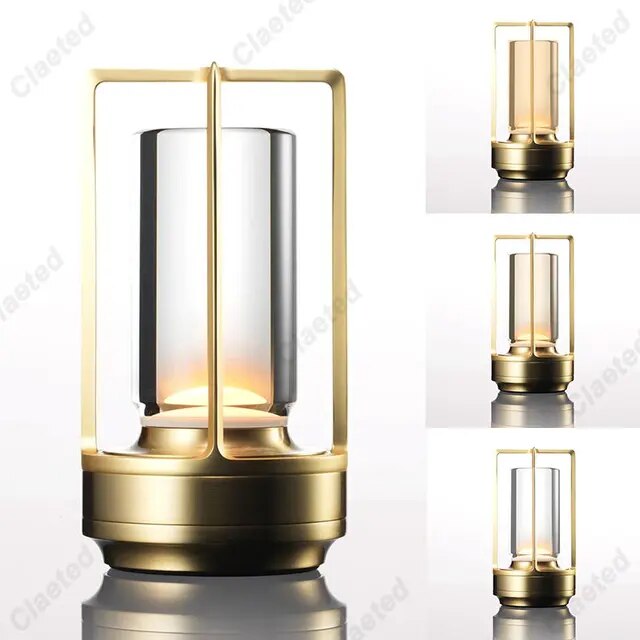 Cordless lantern lamp with adjustable brightness on a patio table for outdoor ambiance