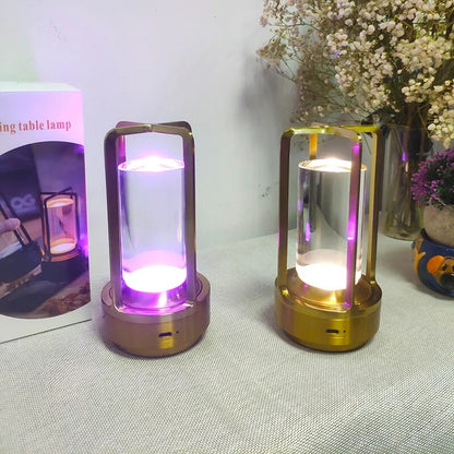 Cordless lantern lamp with adjustable brightness on a patio table for outdoor ambiance