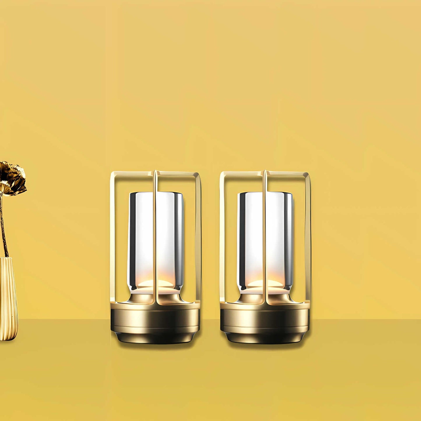 Cordless table lamp with metal cage and warm glow on a camping table