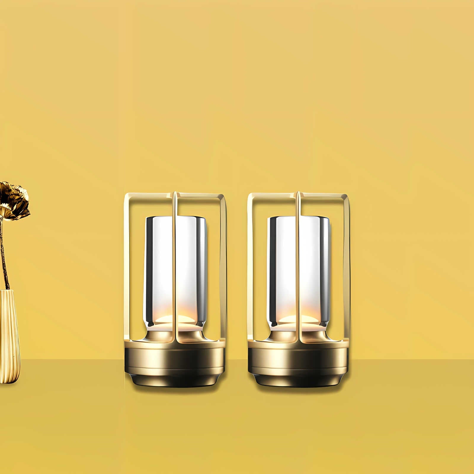 Cordless table lamp with metal cage and warm glow on a camping table