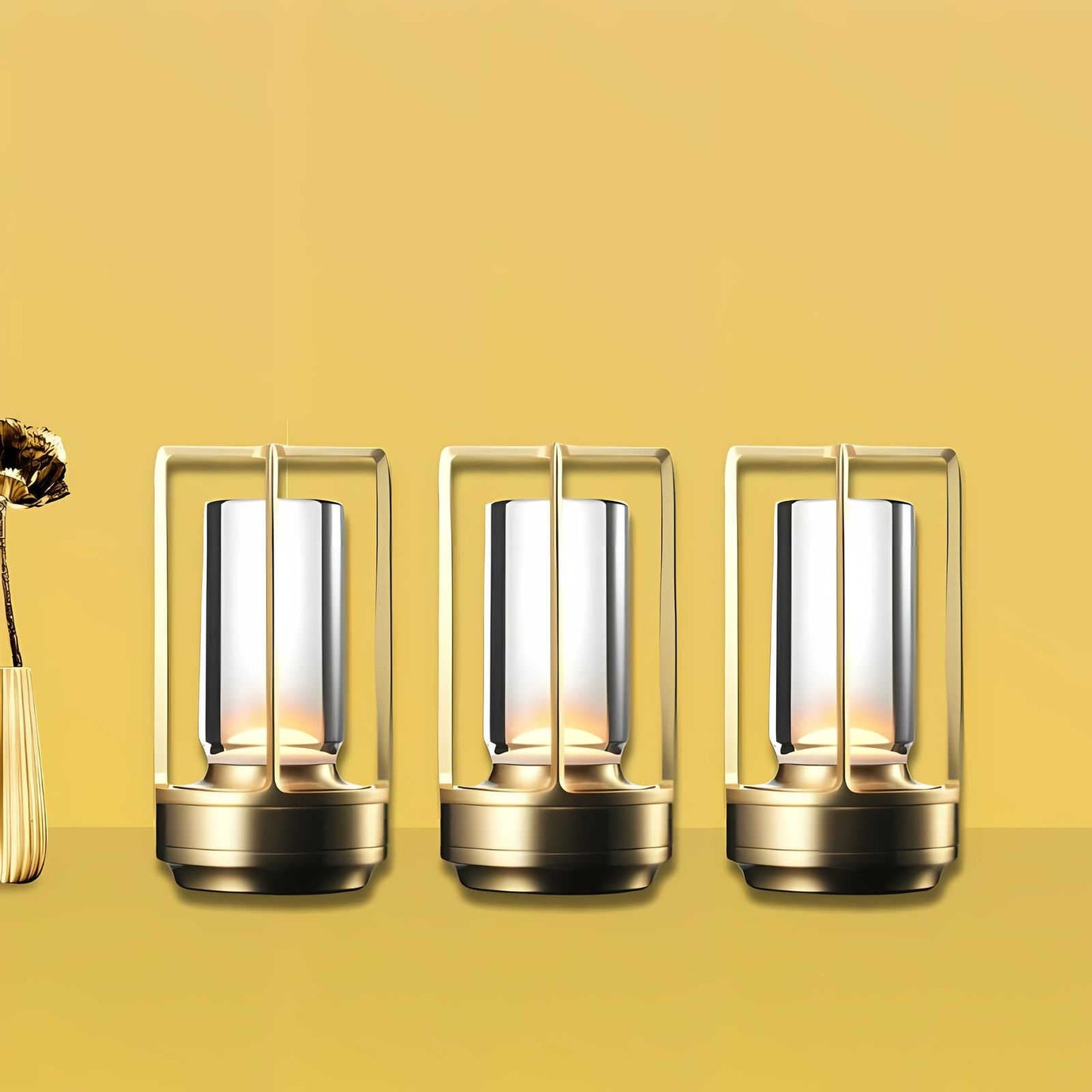Cordless table lamp with metal cage and warm glow on a camping table