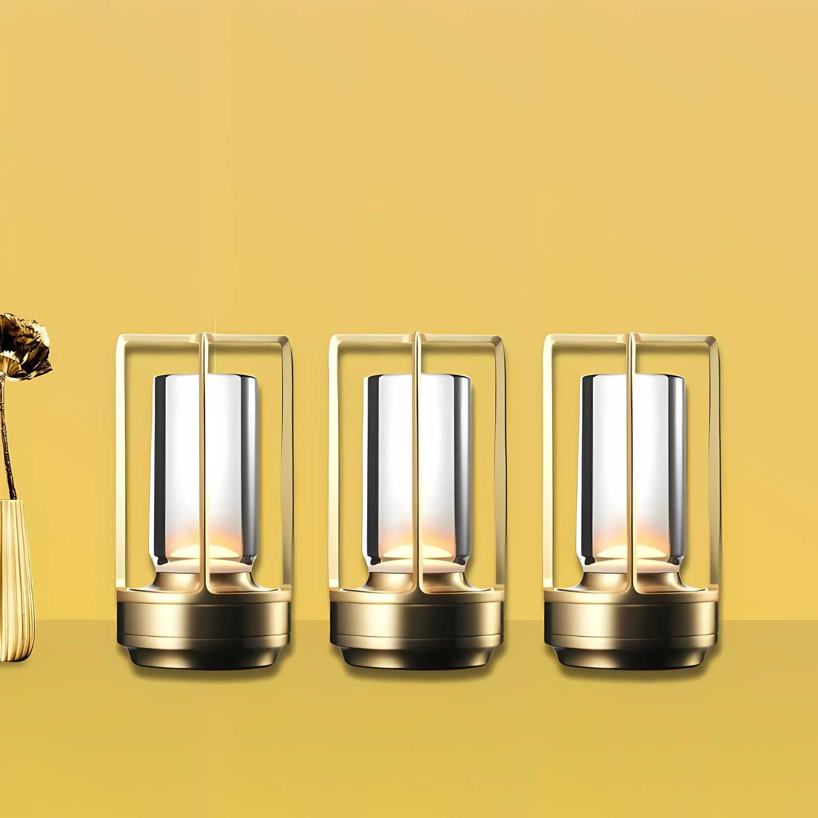 Cordless table lamp with metal cage and warm glow on a camping table