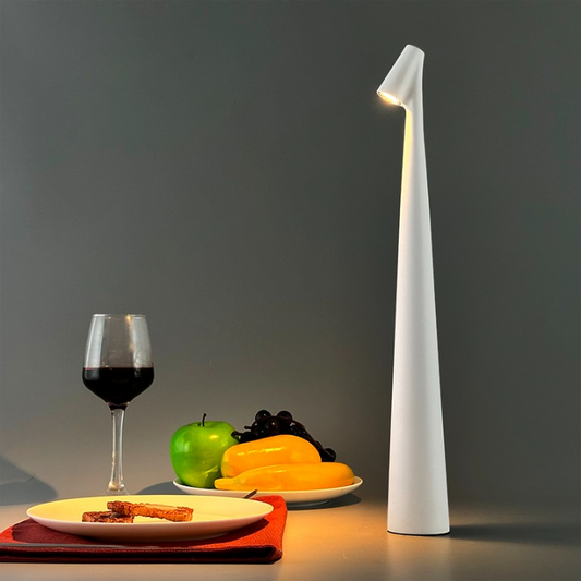Cordless touch lamp with aluminum body and downward shade, perfect for apartment dwellers