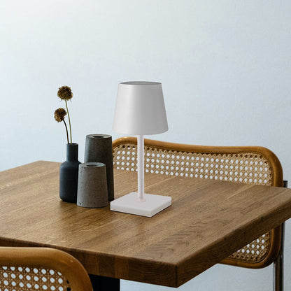 Cordless table lamp with aluminum body and touch controls, suitable for outdoor and bathroom use