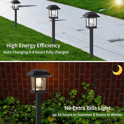 Edison-style solar lawn lights glowing along a garden path at dusk