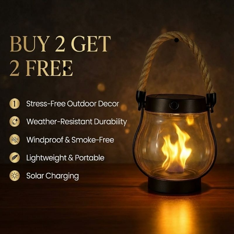 Solar-powered outdoor lantern with flickering flame effect for cozy patio ambiance