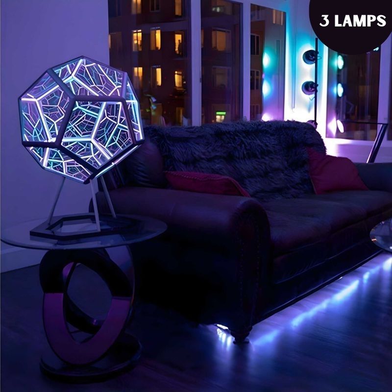 3D infinity mirror dodecahedron night light with rainbow LED glow on a wall, creating a photo backdrop for parties
