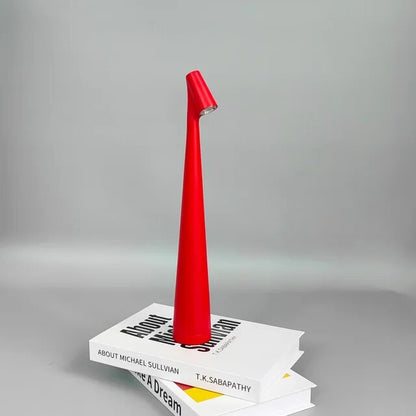 Cordless touch lamp with aluminum body and downward shade, perfect for apartment dwellers