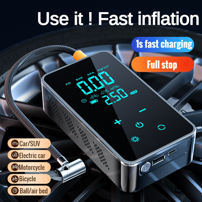 Cordless tire inflator with LED light for emergency roadside use