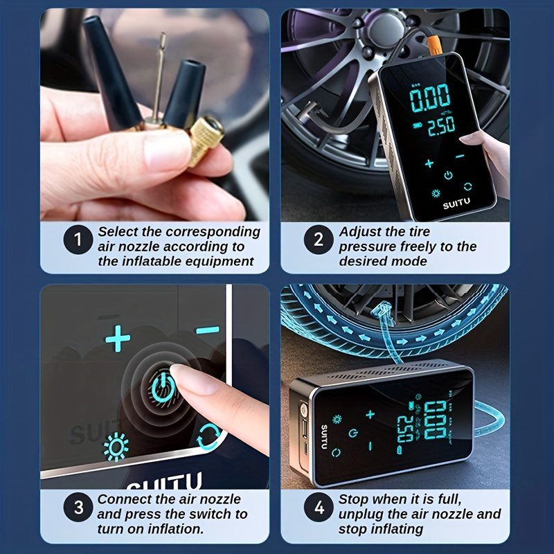 Cordless tire inflator with LED light for emergency roadside use