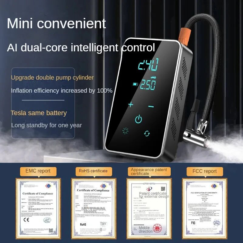 Cordless tire inflator with LED light for emergency roadside use