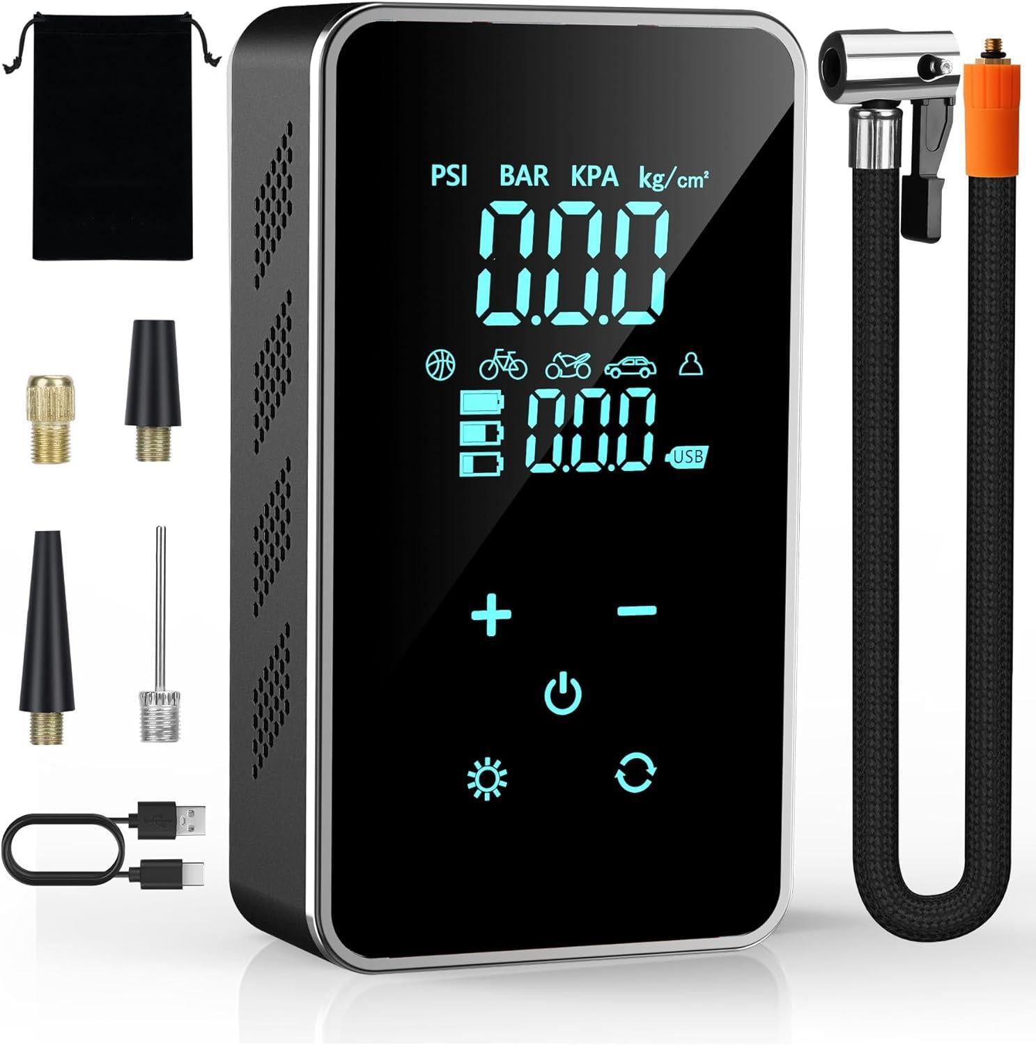 Cordless tire inflator with LED light for emergency roadside use