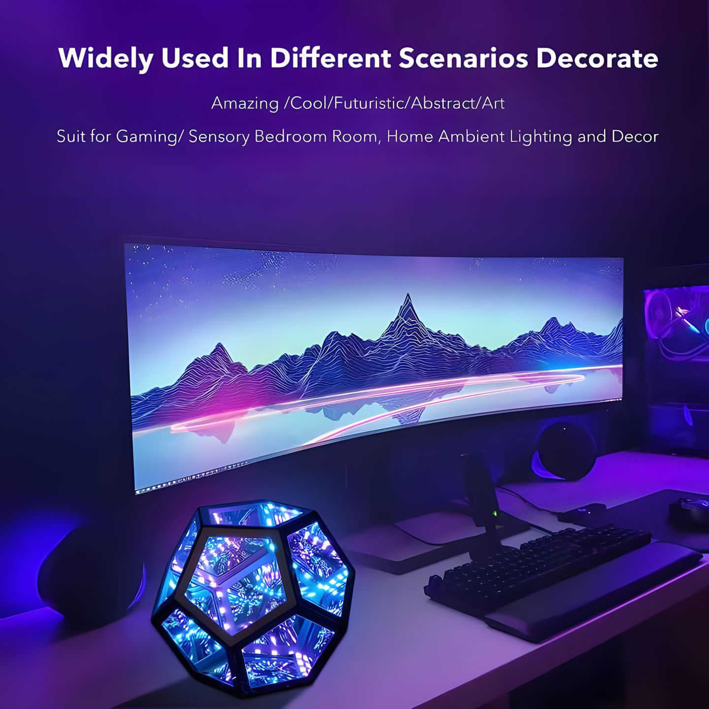 3D infinity mirror dodecahedron night light with rainbow LED glow on a wall, creating a photo backdrop for parties