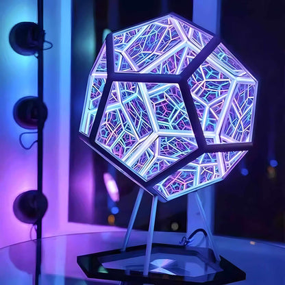 3D infinity mirror dodecahedron night light with rainbow LED glow on a wall, creating a photo backdrop for parties