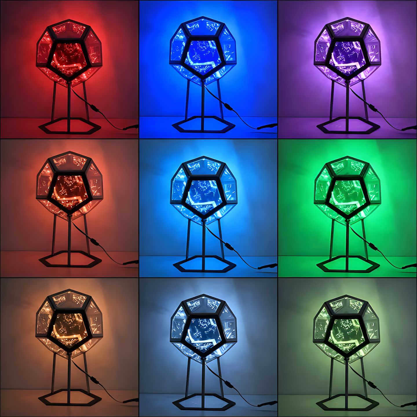 3D infinity mirror dodecahedron night light with rainbow LED glow on a wall, creating a photo backdrop for parties