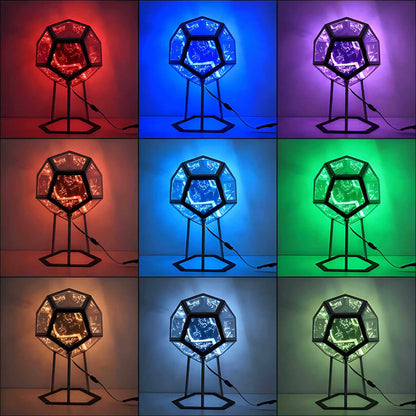 3D infinity mirror dodecahedron night light with rainbow LED glow on a wall, creating a photo backdrop for parties