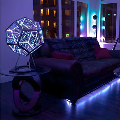 3D infinity mirror dodecahedron night light with rainbow LED glow on a wall, creating a photo backdrop for parties