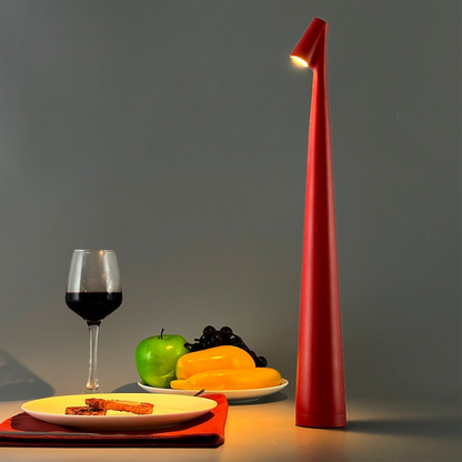 Cordless touch lamp with aluminum body and downward shade, perfect for apartment dwellers