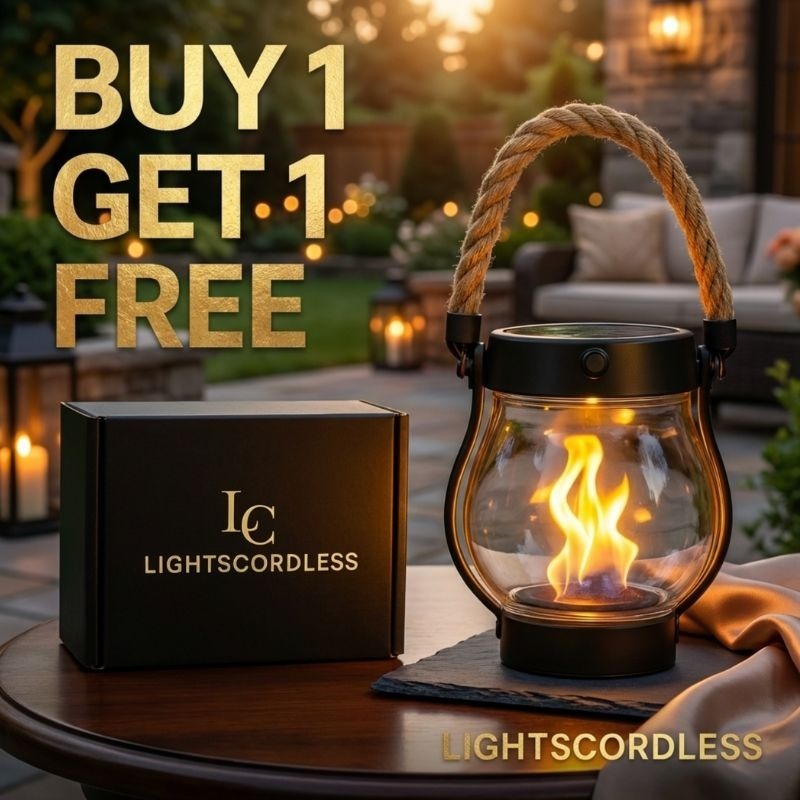 Solar-powered outdoor lantern with flickering flame effect on a patio table