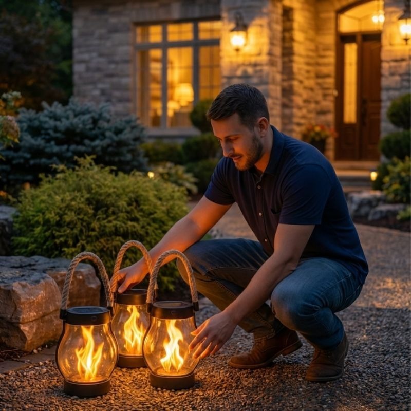 Solar-powered outdoor lantern with flickering flame effect for cozy patio ambiance