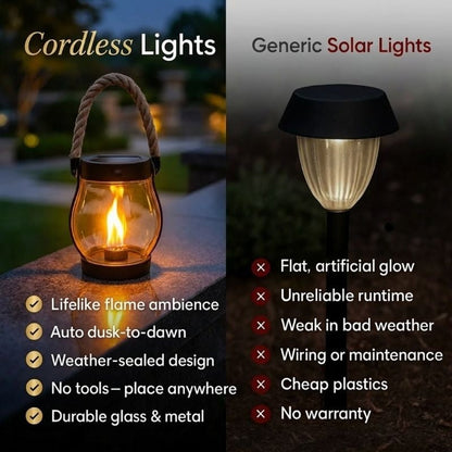 Solar-powered outdoor lantern with flickering flame effect on a patio table