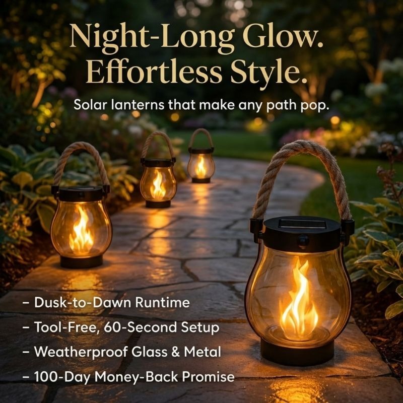 Solar-powered outdoor lantern with flickering flame effect for cozy patio ambiance